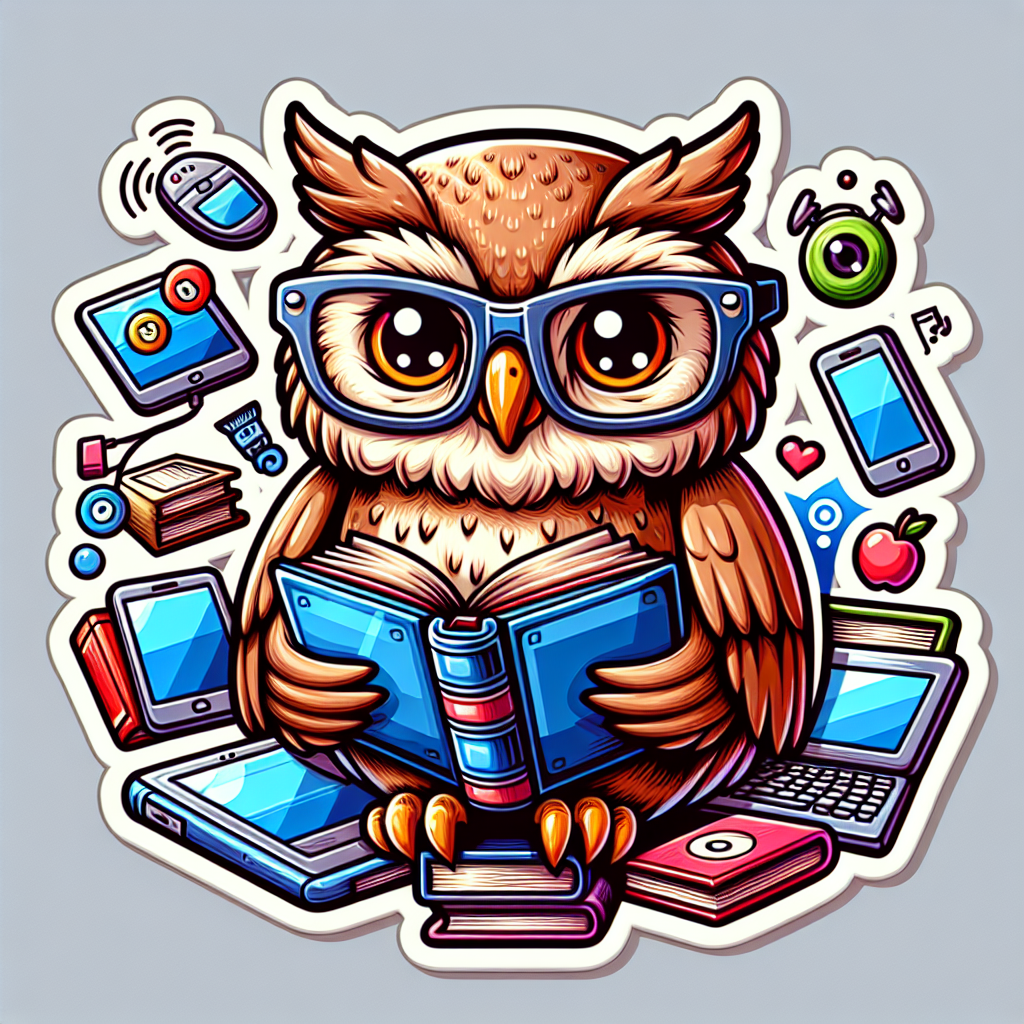 sticker-An owl with glasses, surrounded by books and gadgets-discord stickers-1733096771441